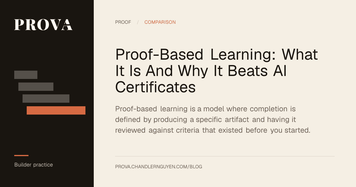 Prova editorial image for a post on proof-based learning as an alternative to AI certificates.