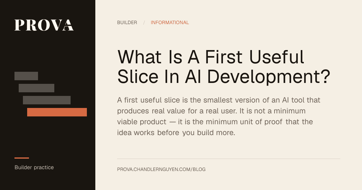 Prova editorial image for a post defining what a first useful slice is and how marketers identify the right scope for their first AI tool.
