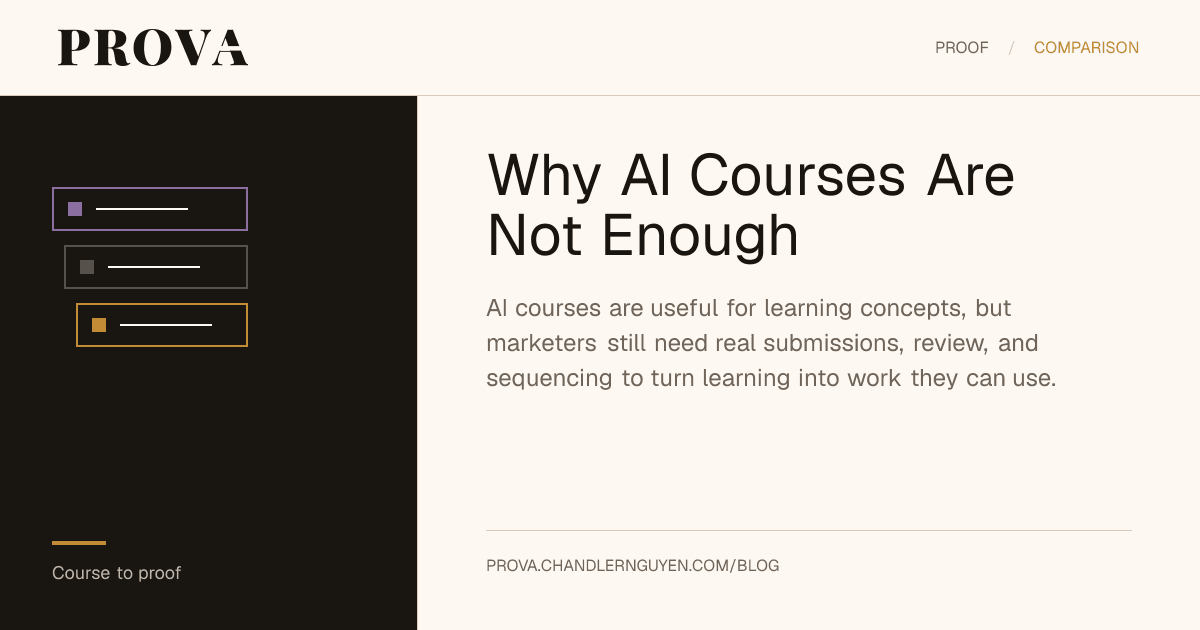 Prova editorial image for a post about why AI courses are not enough for marketers.