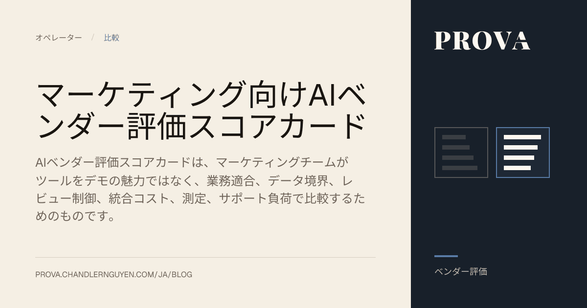 マーケティング向けAIベンダー評価スコアカードを表すProvaの編集用画像。