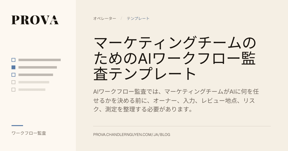 マーケティングチーム向けAIワークフロー監査テンプレートを扱うProvaのエディトリアル画像。