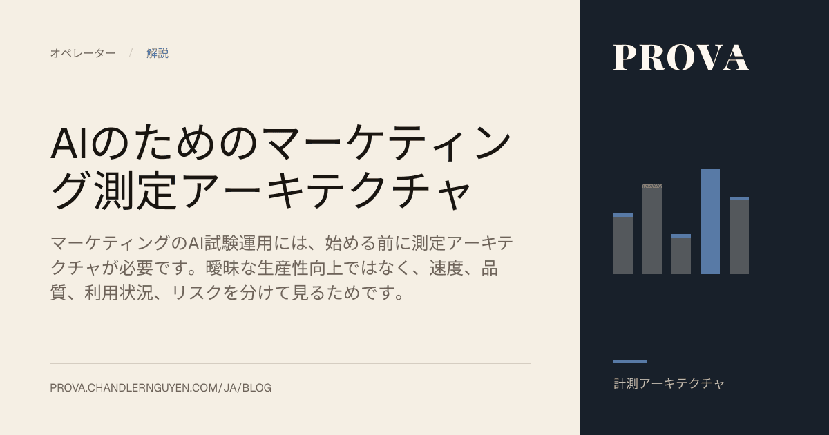マーケティングのAI試験運用における測定アーキテクチャを扱うProvaのエディトリアル画像。