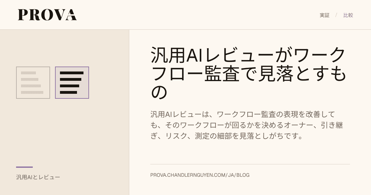 汎用AIフィードバックとProvaのワークフローレビューを比較するProvaのエディトリアル画像。