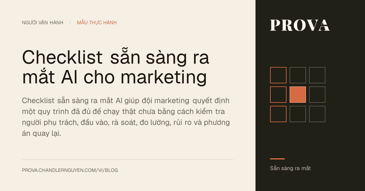 Hình minh họa của Prova cho checklist sẵn sàng ra mắt AI trong marketing.