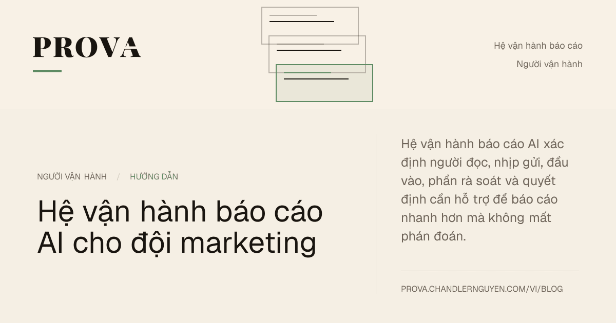 Hình minh họa của Prova cho hệ vận hành báo cáo AI dành cho đội marketing.
