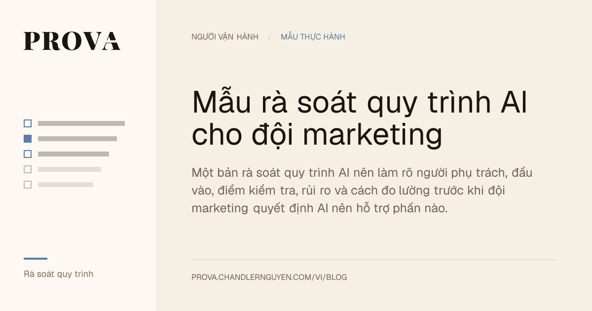 Hình minh họa của Prova cho mẫu rà soát quy trình AI dành cho đội marketing.