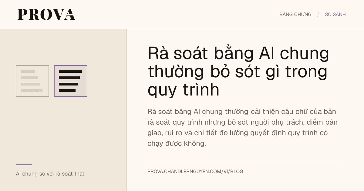 Hình minh họa của Prova so sánh phản hồi AI chung với cách Prova rà soát quy trình.