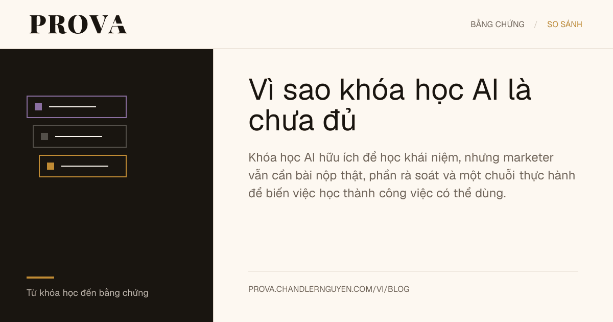 Hình minh họa của Prova cho bài viết về lý do khóa học AI là chưa đủ với marketer.