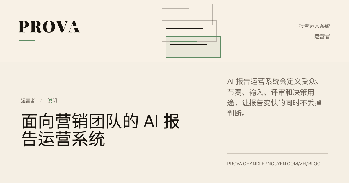 Prova 为营销团队 AI 报告运营系统文章制作的编辑配图。