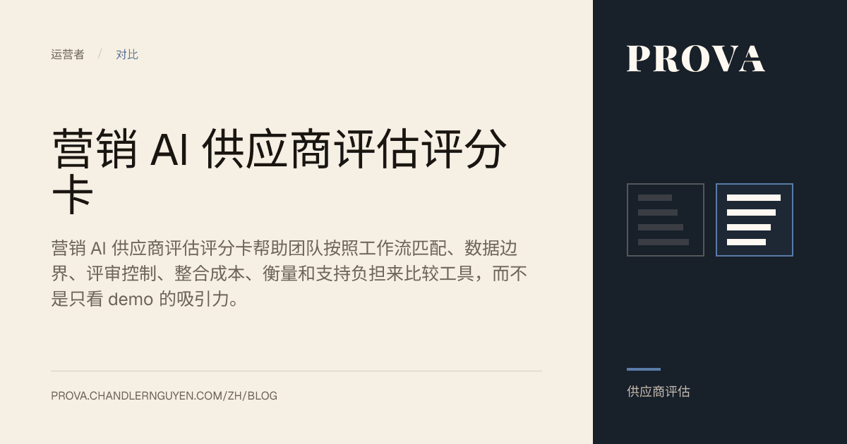 Prova 关于营销 AI 供应商评估评分卡的编辑配图。