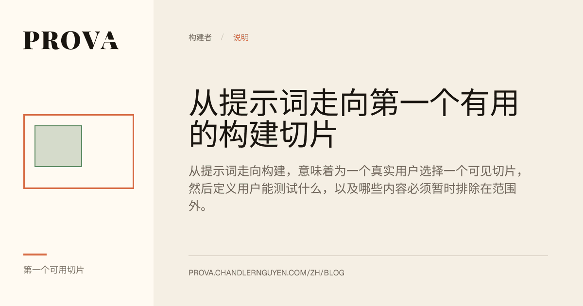 Prova 为从提示词走向第一个有用 AI 切片的文章制作的编辑配图。