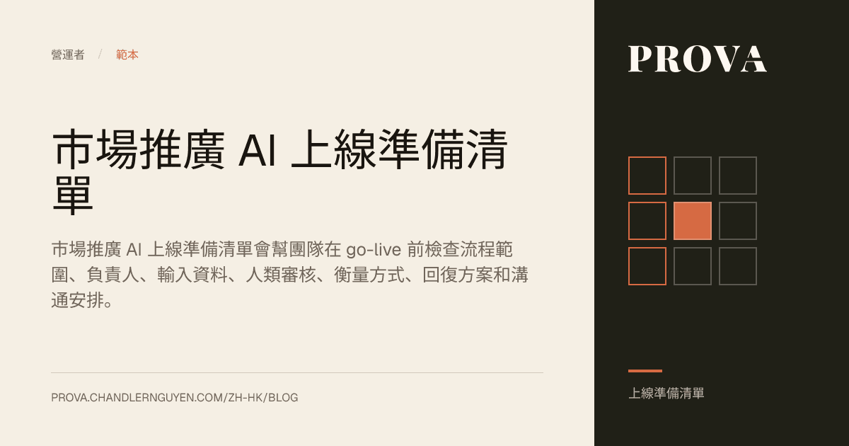 Prova 為市場推廣 AI 上線準備清單製作的編輯圖片。