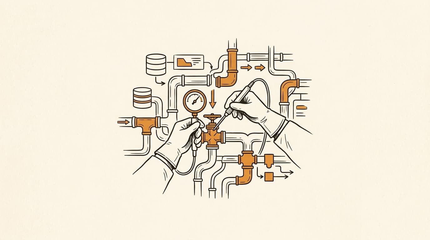 Prova editorial image of an AI data infrastructure audit for marketing teams, scoring media, operational, financial, and talent data readiness.