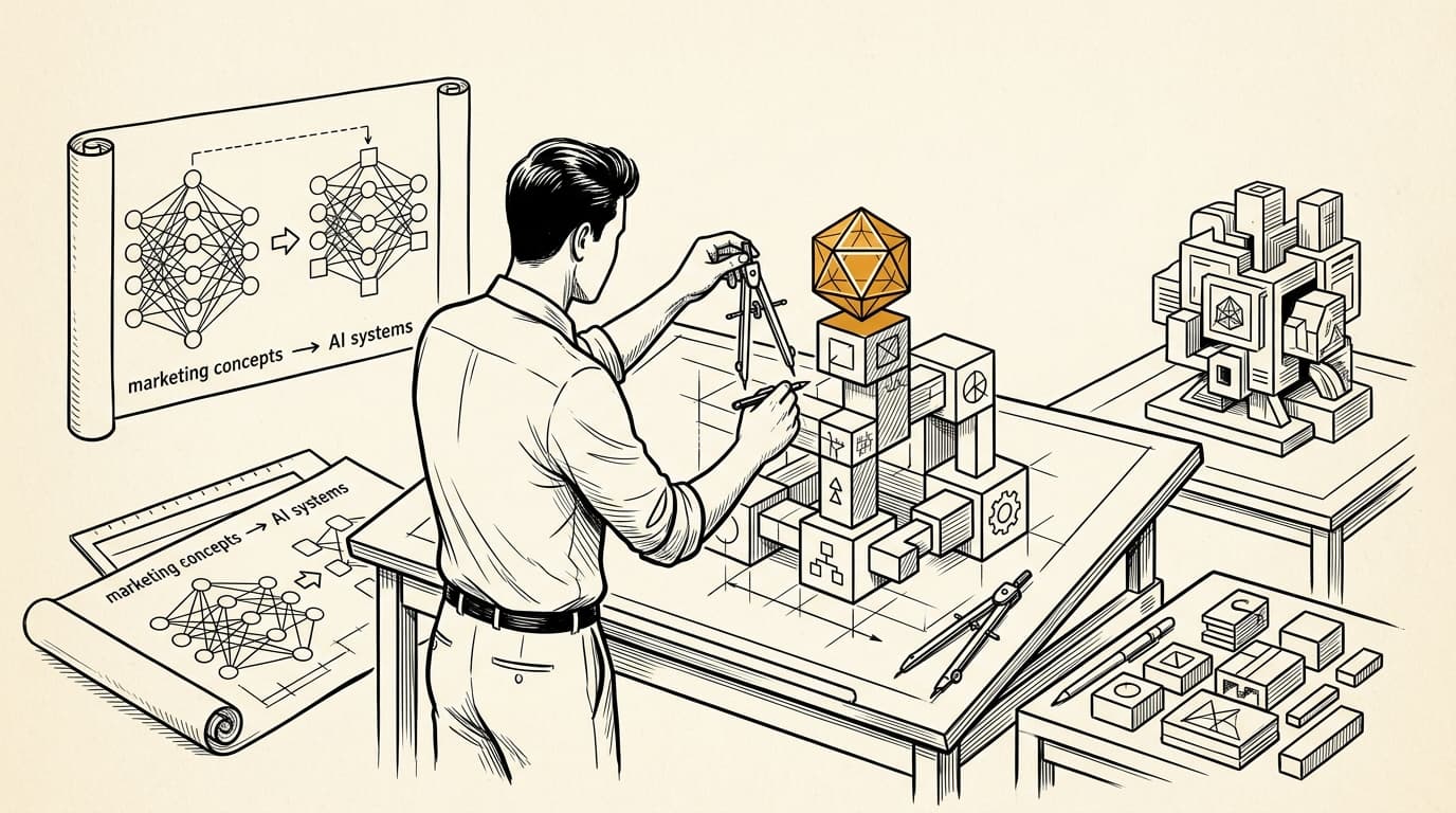 Prova editorial image for a post about marketers moving from AI tool use to builder practice.